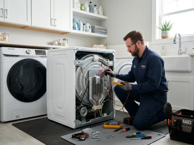 Appliance Repair Hero technician checking a dryer heating element with the rear panel off in Brownstown, PA
