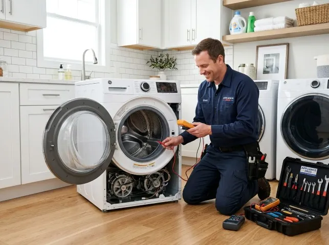 Appliance Repair Hero technician testing a front-load washer with a multimeter on a Brownstown, PA service call
